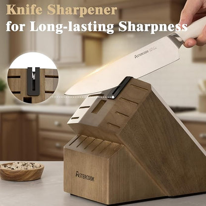 Astercook Knife Set Kitchen with Block and Sharpener Premium Full Tang 17 Pcs German Stainless Steel Knives Dishwasher Safe Kitchen Utensils Set with with and Anti-slip Ergonomic Handle, Cream White - Image 4