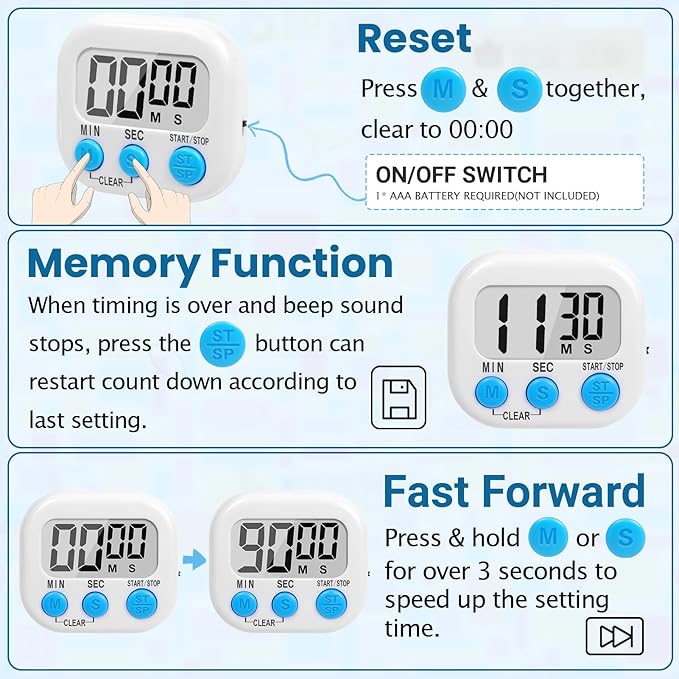12 Pack Multi-Function Digital Timers, Magnetic Large LCD Display Loud Alarm Countdown Timers, Extensively Use in Classroom, Break Time, Gym, Meeting, Cooking - Image 7