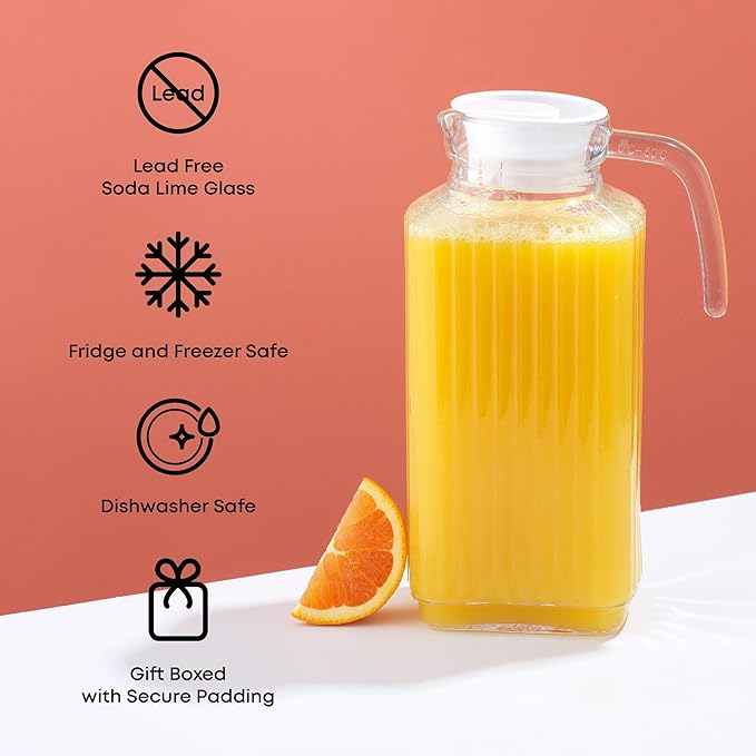 JoyJolt 60oz Glass Pitcher with Lid (2 Lids) - Beverage Serveware and Storage Container for Cold Drinks and Liquids. Juice Container, Water Jug, Fridge Pitcher for Iced Tea or Milk - Image 5