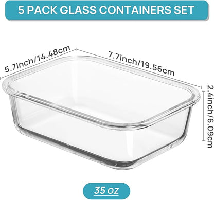 Vtopmart 5 Pack 35oz Glass Food Storage Containers with Lids, Meal Prep Containers, Airtight Reusable Lunch Container Set, Safe for Oven, Microwave, Freezer, and Dishwasher, Grey - Image 2