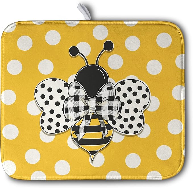 Bee Dish Drying Mat for Kitchen Counter 16x18 Inch Yellow Honey Bees Polka Dots Dishes Pad Cute Bumblebee Dish Draining Microfiber Absorbent Dish Drainer Rack Mat Medium Kitchen Accessories by Kwlegh