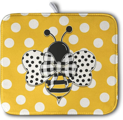 Bee Dish Drying Mat for Kitchen Counter 16x18 Inch Yellow Honey Bees Polka Dots Dishes Pad Cute Bumblebee Dish Draining Microfiber Absorbent Dish Drainer Rack Mat Medium Kitchen Accessories by Kwlegh