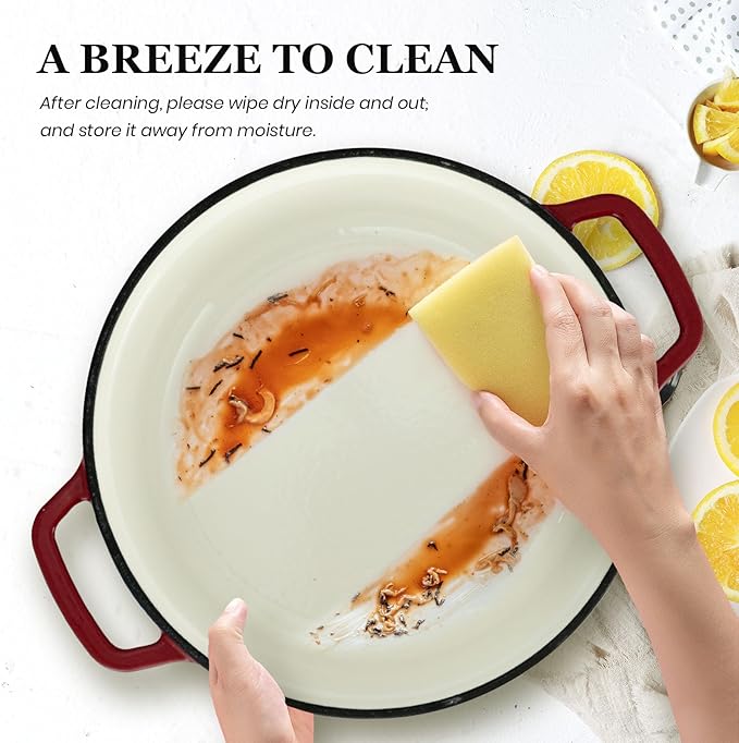 Overmont Enameled Cast Iron Dutch Oven - 5QT Pot with Lid Cookbook & Cotton Potholders - Heavy-Duty Cookware for Braising, Stews, Roasting, Sourdough Baking burgundy - Image 4