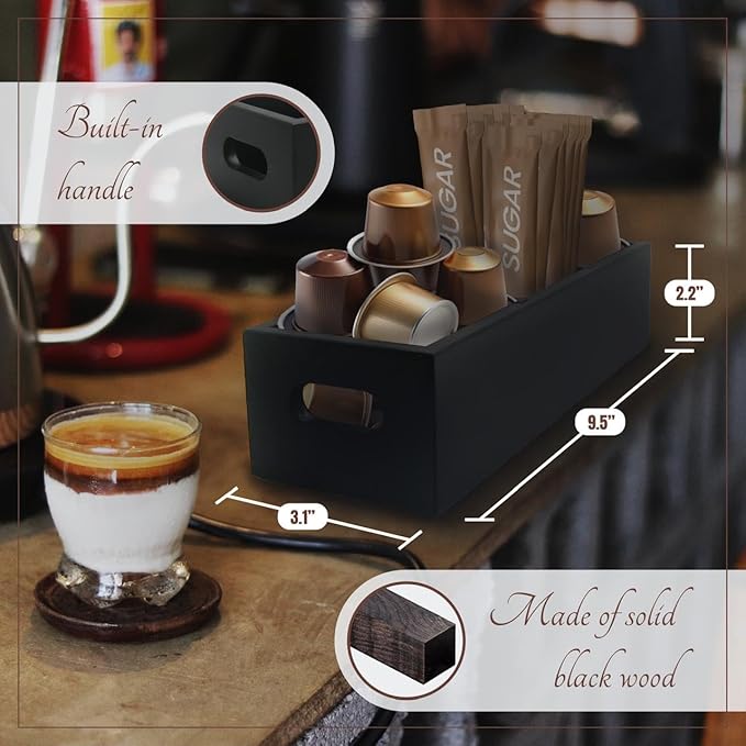 Moldie Black Wood Tea and Sugar Pack Organizers, Wooden Box with 3 Slots, Kitchen and Office Storage Organizers for Countertop