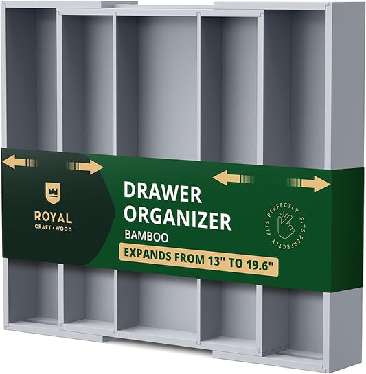 ROYAL CRAFT WOOD Luxury Bamboo Kitchen Drawer Organizer - Silverware Organizer - Utensil Holder and Cutlery Tray with Grooved Drawer Dividers for Flatware and Kitchen Utensils (5 Slot, Gray) by RoyalCraftWood