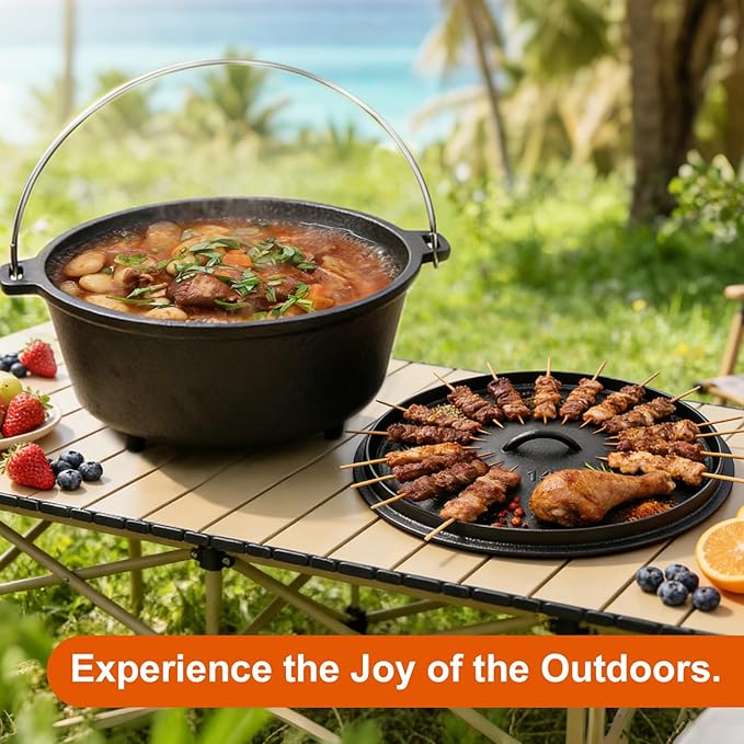 10 QT Pre-Seasoned Cast Iron Camp Dutch Oven with Lid, Large Camping Dutch Oven Pot, incl. Lid Lifter - Dual Handles - for Outdoor Campfire, Grill, Oven&Stovetop Cooking - Black - Image 7