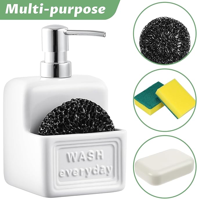 RQYIXI Soap Dispenser with Sponge Holder Ceramic Hand and Dish Soap Dispenser 15oz for Kitchen Bathroom