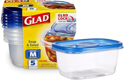 Glad GladWare Medium Rectangle Food Storage Containers with Lids, BPA Free Plastic for Soups Salads and Meal Prep, Airtight Leak Resistant, Microwave Dishwasher Freezer Safe, 24 Oz, 5 Count by GladTrashFoodStorage