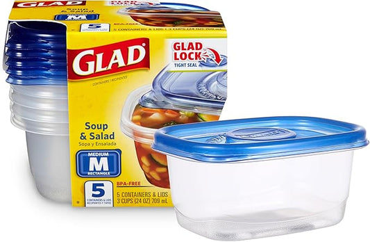 Glad GladWare Medium Rectangle Food Storage Containers with Lids, BPA Free Plastic for Soups Salads and Meal Prep, Airtight Leak Resistant, Microwave Dishwasher Freezer Safe, 24 Oz, 5 Count by GladTrashFoodStorage