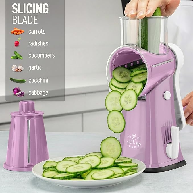 Zulay Kitchen Rotary Cheese Grater 5 Blade Cheese Shredder - Manual Hand Crank Cheese Grater With Reinforced Suction & 5 Interchangeable Drums - Easy to Use, Vegetable Chopper Round Mandoline Slicer - Image 5