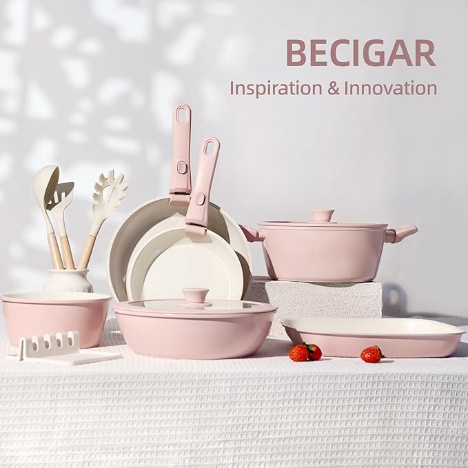 BECIGAR 23pcs Ceramic Pots and Pans Set, Nonstick Detachable Handle Cookware, Induction Kitchen Cooking Set with Removable Handle,include Frying Pans & Saucepans Oven Safe(Pink) - Image 5