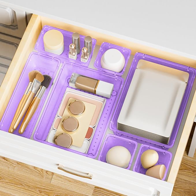 SpaceHacks 15 PCS Clear Plastic Drawer Organizer Set, 4-Size Acrylic Drawer Storage Trays, Storage Bins for Makeup, Gadgets, and Jewelry in Bathroom, Bedroom and Office, Clear Purple - Image 7