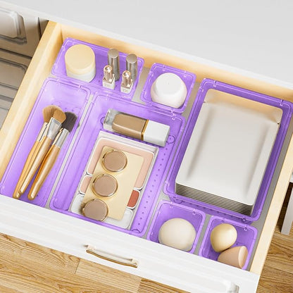 SpaceHacks 15 PCS Clear Plastic Drawer Organizer Set, 4-Size Acrylic Drawer Storage Trays, Storage Bins for Makeup, Gadgets, and Jewelry in Bathroom, Bedroom and Office, Clear Purple - Image 7