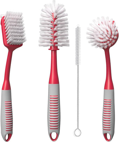 Dish Brush Set of 4 - Kitchen Scrub Brushes with Non-Slip Long Handle for Cleaning, Scrubber, Dishwashing, Dishes, Bottles, Straws, Cups, Pots & Sink, Red by TrazonProducts