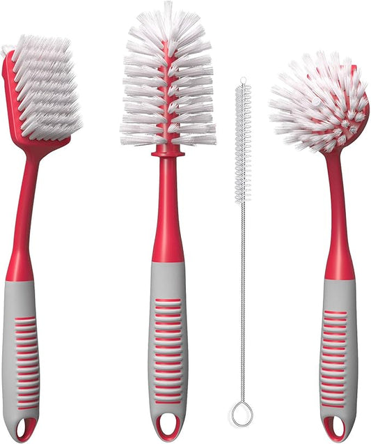 Dish Brush Set of 4 - Kitchen Scrub Brushes with Non-Slip Long Handle for Cleaning, Scrubber, Dishwashing, Dishes, Bottles, Straws, Cups, Pots & Sink, Red by TrazonProducts