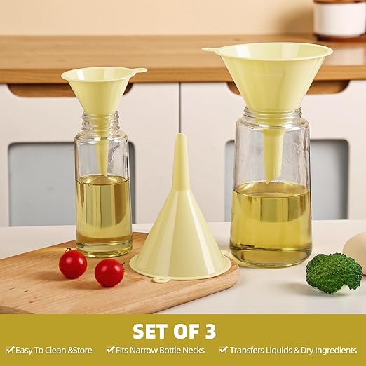 Plastic Kitchen Funnel Set of 3, Round Kitchen Funnels for Filling Bottles, Durable and Multifunctional Funnels for Filling Canning, Cooking, Lab or Car Oil (Milk Yellow) - Image 4