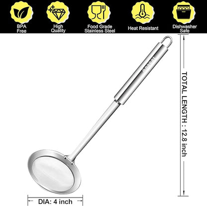 Anaeat 4" Stainless Steel Fat Skimmer Spoon - Professional Kitchen Fine Mesh Food Strainer and Hot Pot Skimmer with Long Handle for Skimming, Cooking, Frying, Grease, Gravy and Foam Diameter