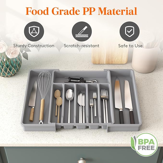 Lifewit Silverware Drawer Organizer, Expandable Utensil Tray for Kitchen, BPA Free Flatware and Cutlery Holder, Adjustable Plastic Storage for Spoons Forks Knives, 33 -57 x 42cm, Gray - Image 7