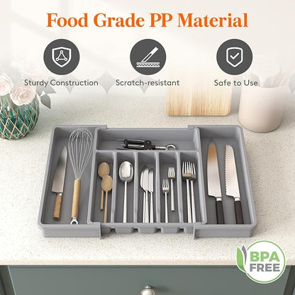 Lifewit Silverware Drawer Organizer, Expandable Utensil Tray for Kitchen, BPA Free Flatware and Cutlery Holder, Adjustable Plastic Storage for Spoons Forks Knives, 33 -57 x 42cm, Gray - Image 7