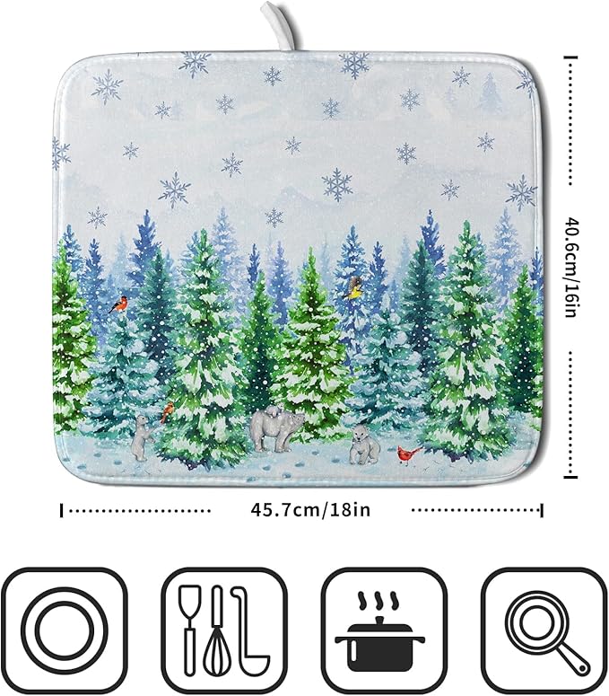 Watercolor Winter Dish Drying Pad Forest Kitchen Mat for Counter for Home Season Decor - Image 2
