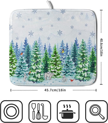 Watercolor Winter Dish Drying Pad Forest Kitchen Mat for Counter for Home Season Decor - Image 2