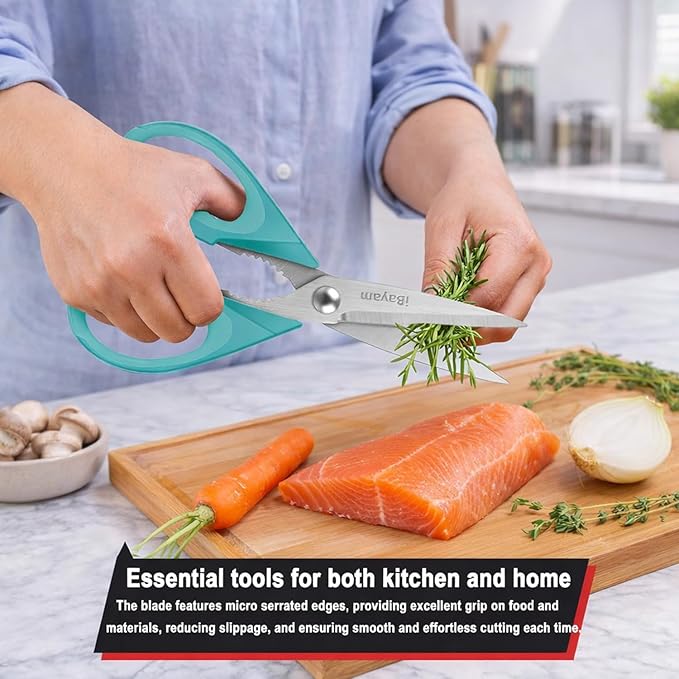 Small Kitchen Scissors 8-inch, iBayam 2 Pack Kitchen Shears All Purpose Meat Scissors Poultry Shears, Dishwasher Safe Food Cooking Scissors Heavy Duty Stainless Steel Utility (Black, Aqua Sky) - Image 4