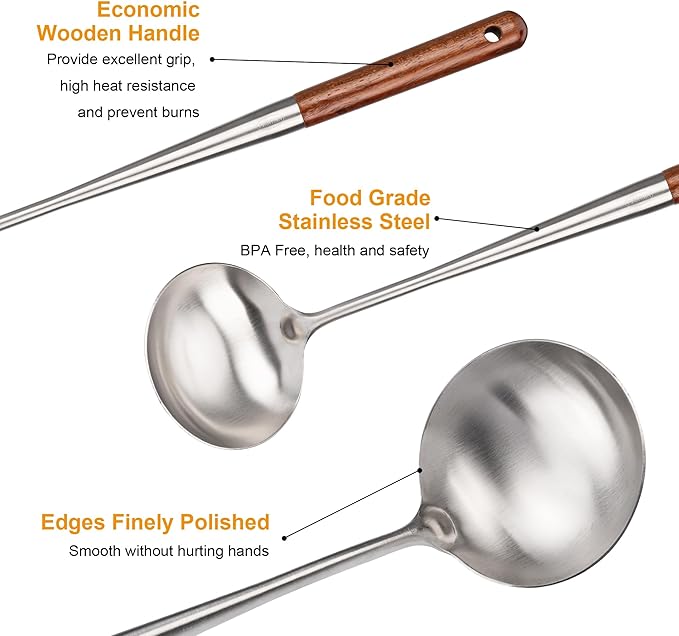 FJNATINH Soup Ladle, Metal Ladle Stainless Steel for Soup Sauces, Kitchen Ladle Spoon with Heat-proof Wooden Handle, Easy to Clean - Image 4