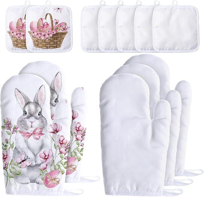 Patelai 12 Pieces Blank Sublimation Oven Mitts Set Include Blank Sublimation Heat Resistance Oven Gloves and Pot Holders for DIY Kitchen Dining Room Accessories