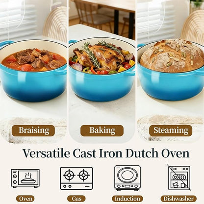 Enameled Cast Iron Dutch Oven with Lid -6.5 QT, incl. Sourdough Bread-Baking Supplies like Banneton Proofing Basket, Heavy Duty Cookware Bread-Oven for Baking, Stews, and Roasting, Sea Blue - Image 8