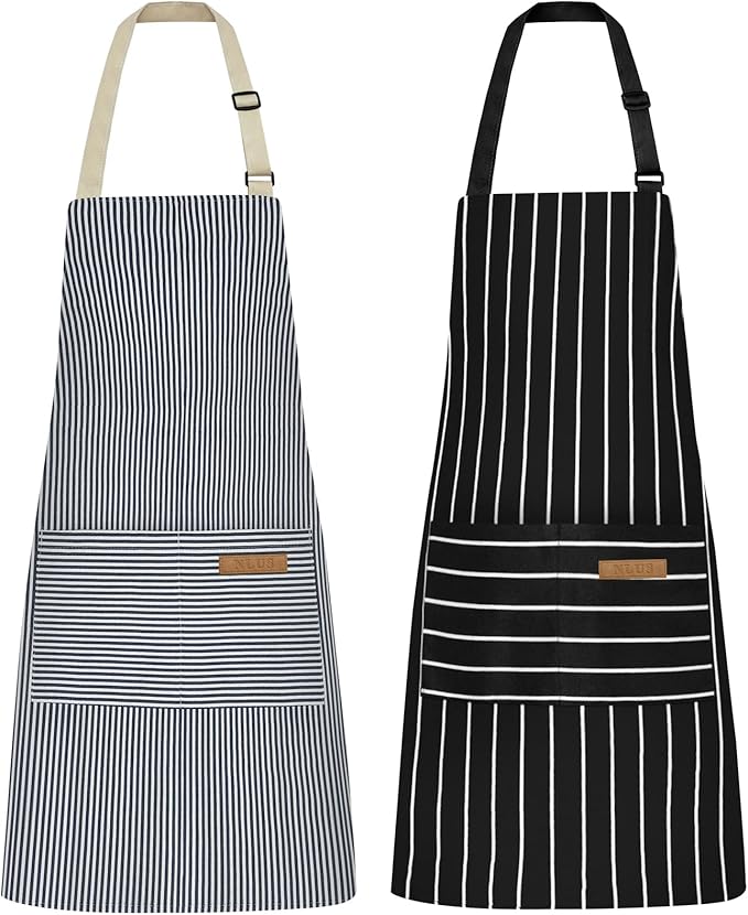 NLUS 2 Pcs Kitchen Cooking Aprons, Poly/Cotton Blend Adjustable Soft Bib Stripe Aprons with 2 Pockets for Women Men Chef (Blue Pinstripes/Black Stripes) by NLUS