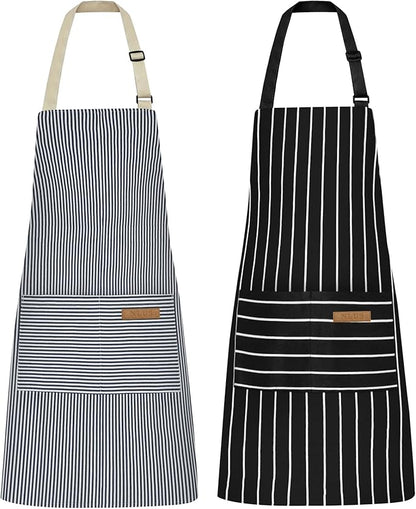 NLUS 2 Pcs Kitchen Cooking Aprons, Poly/Cotton Blend Adjustable Soft Bib Stripe Aprons with 2 Pockets for Women Men Chef (Blue Pinstripes/Black Stripes) by NLUS