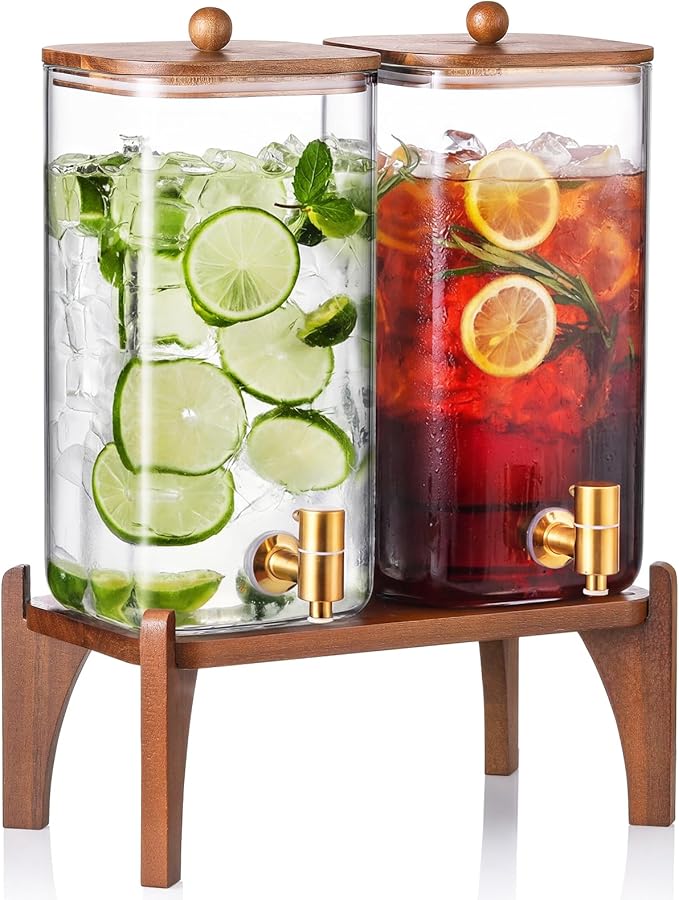 2 Pack 1.5 Gallon Square Glass Drink Dispenser with Wooden Stand & Lid, Large Beverage Dispenser with Stainless Steel Spigot, Juice & Lemonade Dispenser for Parties, Iced Tea, Water, Space-Saving by NETANY