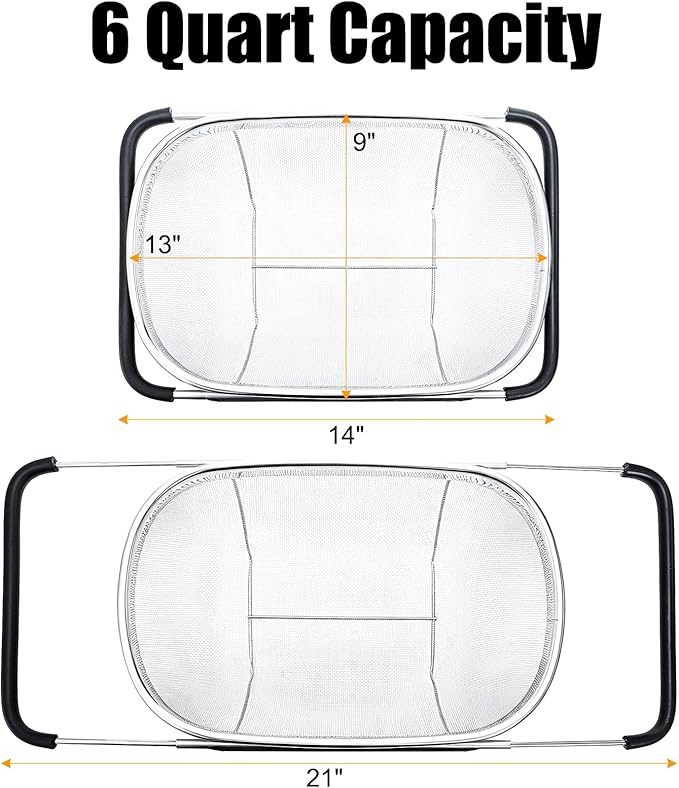 Suwimut 2 Pack Over the Sink Oval Colander for Kitchen, Stainless Steel Fine Mesh 6 Quart Strainer Basket with Expandable Rubber Grip Handles for Straining, Draining, Rinsing Fruits, Vegetables - Image 2