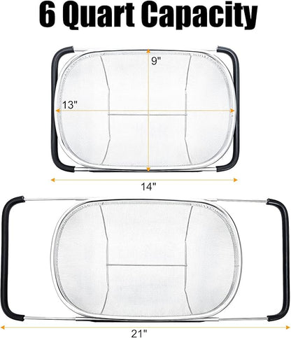 Suwimut 2 Pack Over the Sink Oval Colander for Kitchen, Stainless Steel Fine Mesh 6 Quart Strainer Basket with Expandable Rubber Grip Handles for Straining, Draining, Rinsing Fruits, Vegetables - Image 2