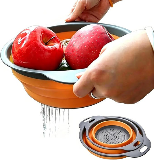 2 Pack Collapsible Silicone Colander with Handle, Over Sink Foldable Food Strainer, BPA-Free Space Saving Drain Basket for Vegetables, Fruits, Pasta, Kitchen & Camping (Orange) by WHZHAOCAI