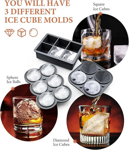 Silicone Large Ice Cube Molds (Set of 3), 6 Ice Ball Maker Mold, 6 Square Ice Cube Mold，4 Diamond, Reusable Whiskey Ice Mold, Ice Molds for Cocktails, Bpa Free, Freezer Ice Cube Tray (Grey)