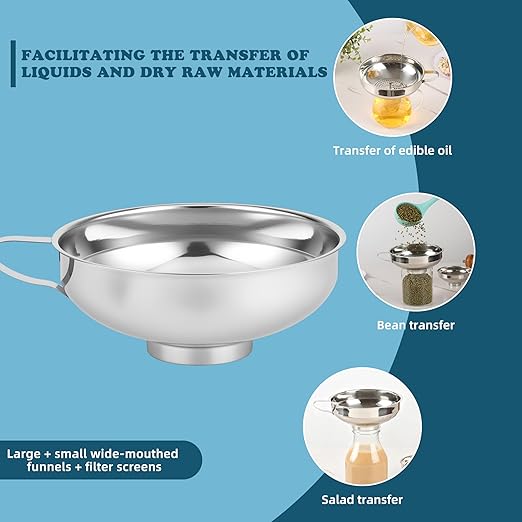 Stainless Steel Wide-mouthed Kitchen Funnel, 2 Sets with Filter, Suitable for Wide-mouthed and Regular-Sized Cans, Ideal for Transferring Liquids and Solids, Oils, Beans and Jams