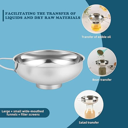 Stainless Steel Wide-mouthed Kitchen Funnel, 2 Sets with Filter, Suitable for Wide-mouthed and Regular-Sized Cans, Ideal for Transferring Liquids and Solids, Oils, Beans and Jams