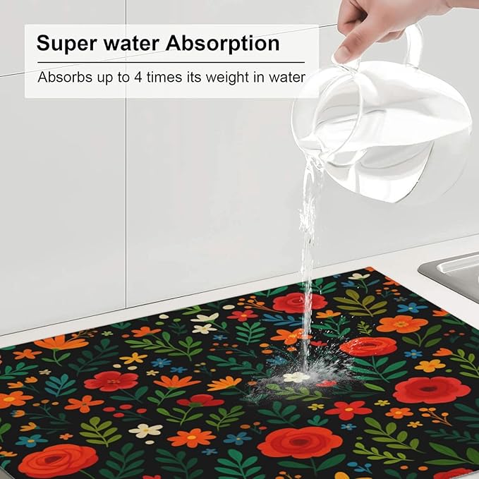 Garden wildflowers Dish Drying Mats for Kitchen Counter, Large 18"x24" Dish Mats for Drying Dishes, Microfiber Absorbent Dish Drying Pad Rack Mat Kitchen Decor Reusable Washable