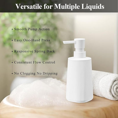 White 2 Pack Hand Soap Dispensers Set with No Rust Pump for Bathroom and Kitchen Countertops Refillable Matte Striped Plastic 8.5 oz