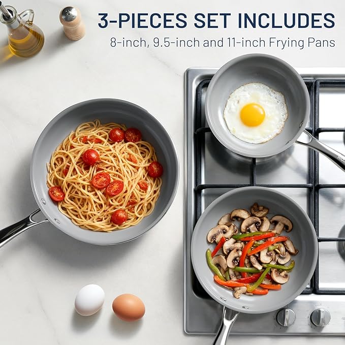 Kikcoin Non Stick Frying Pans, 3 Pack Ceramic Frying Pan for Cooking, 8+9.5+11 Inch Omelette Pans Set with Stay Cool Handle, Induction Ready, Free of PFAS PFOA PTFE, Oven/Dishwasher Safe - Image 7