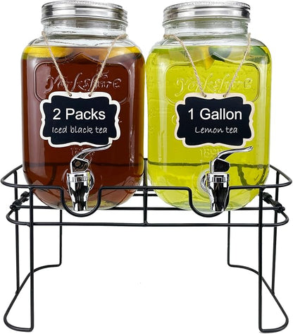 1 Gallon Glass Drink Dispenser for Parties, 2 Packs Juice Lemonade Ice Tea Water Dispenser with Stand, HENABLE Beverage Dispensers with Spigot for BBQ, Picnic, Party by HENABLE