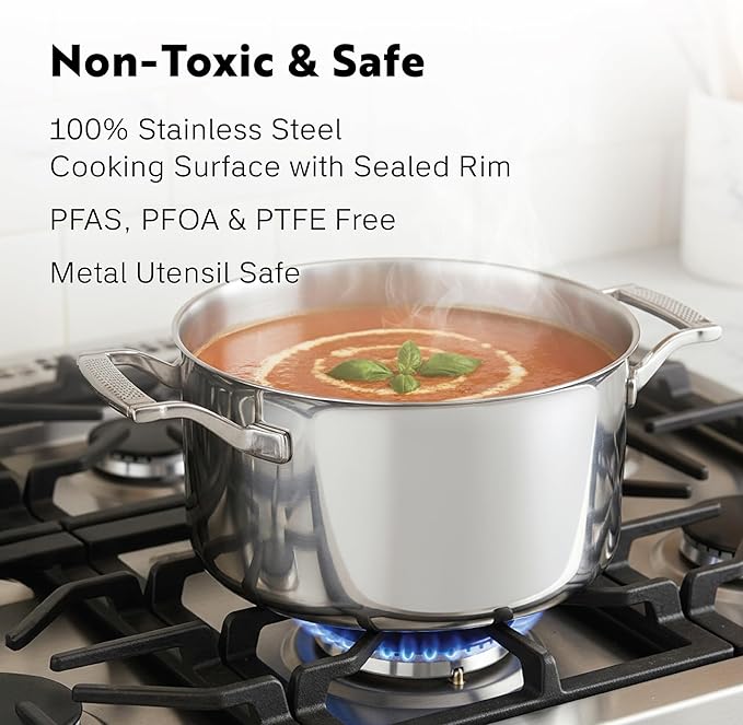 4 Quart Stainless Steel Pot with Lid - Fully Clad Tri Ply Stock Pot/Casserole - Heat Resistant Handles - Induction, Oven & Dishwasher Safe - Coating-Free, PFAS-Free Non Toxic Cookware