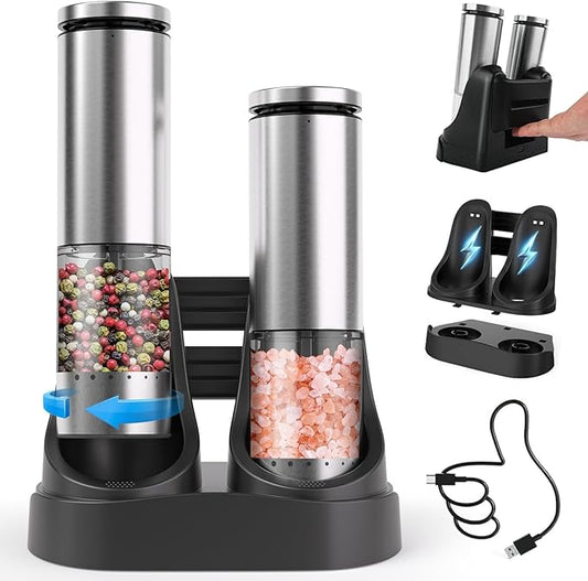 Electric Salt and Pepper Grinder Set with Charging Base: Rechargeable Automatic Salt and Pepper Grinder Set with External Adjustable Coarseness, Stainless Steel Electric Salt and Pepper Shakers,Sliver