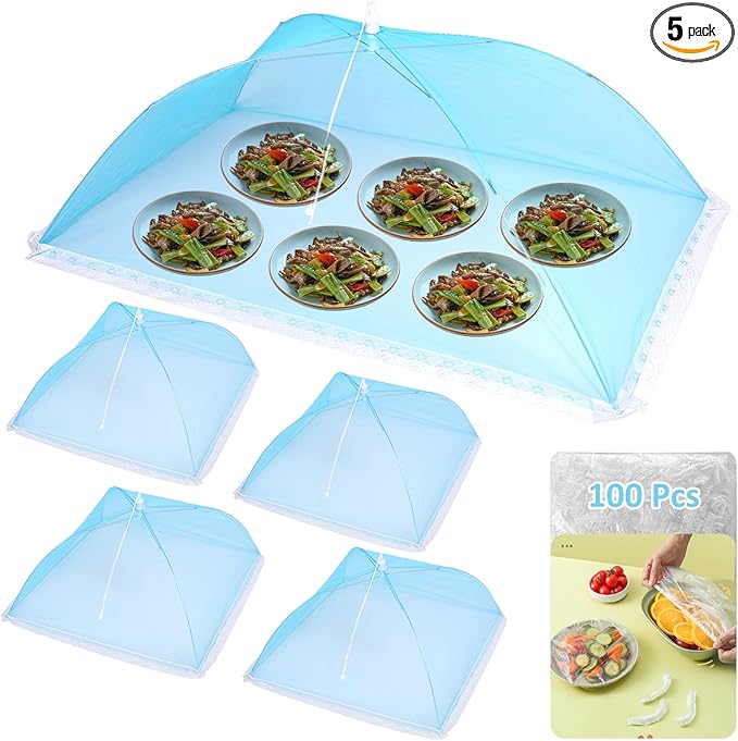 Mesh Food Covers for Outside, 5 Pack Pop-Up Food Tents with 100 Plastic Bowl Covers, Reusable Food Protectors for Picnics, Barbecues, Buffets (Light Blue)