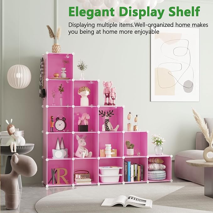 C&AHOME Cube Storage Organizer, 16-Cube Shelves Units, Plastic Storage Cubes, DIY Closet Organizer, Modular Closet Storage Shelves Ideal for Home, Bedroom, 48.4" L × 12.4" W × 48.4" H Pink UPCS16P - Image 3