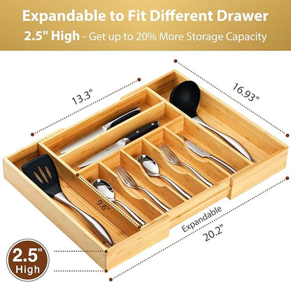 Umilife Large Expandable Kitchen Silverware Utensils Drawer Organizer, 2.5" Extra High Adjustable Drawer Divider with Curved Grooves, Bamboo Wood Cutlery Tray Flatware Holder - Image 2