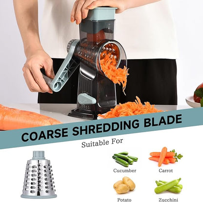 Rotary Cheese Grater with Handle Kitchen Shredder Slicer Grater Slicer Ice Shaver Cheese Vegetable Nuts Potato Zucchini Chocolate 3 Interchangeable Blades (GreyBlue) - Image 3