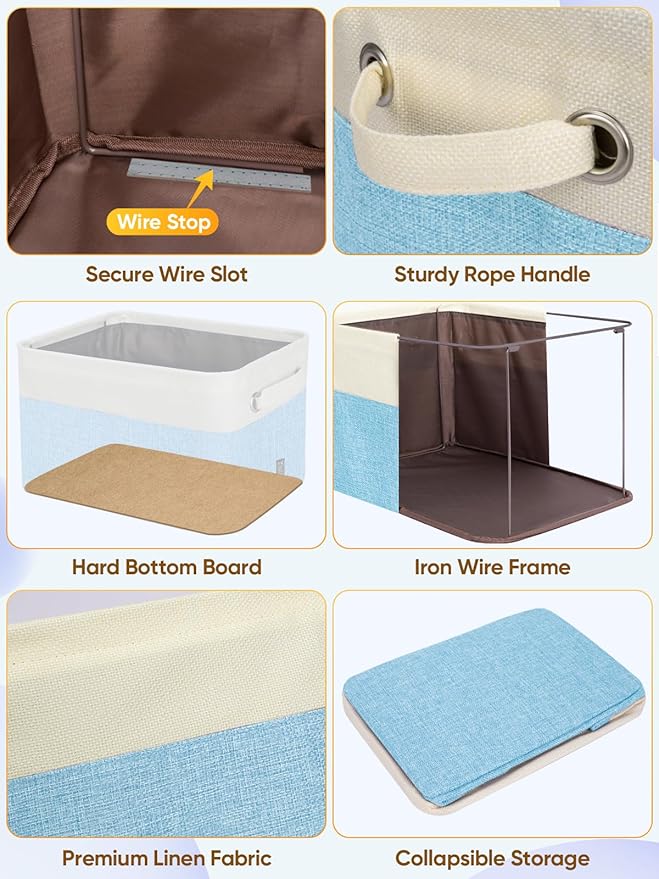 BALEINE 3 Pack Fabric Closet Storage Bins for Shelves, Linen Closet Organizers and Storage, Decorative Baskets for Organizing, Shelf, Clothes, Home, Office (Skyblue, 14''x10''x8.5'')