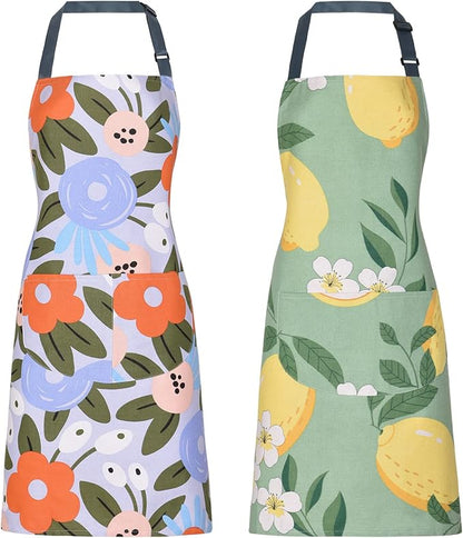 2 Pack Floral Apron for Women with Pockets, Adjustable Cotton Chef Aprons for Kitchen, Cooking, BBQ & Grill